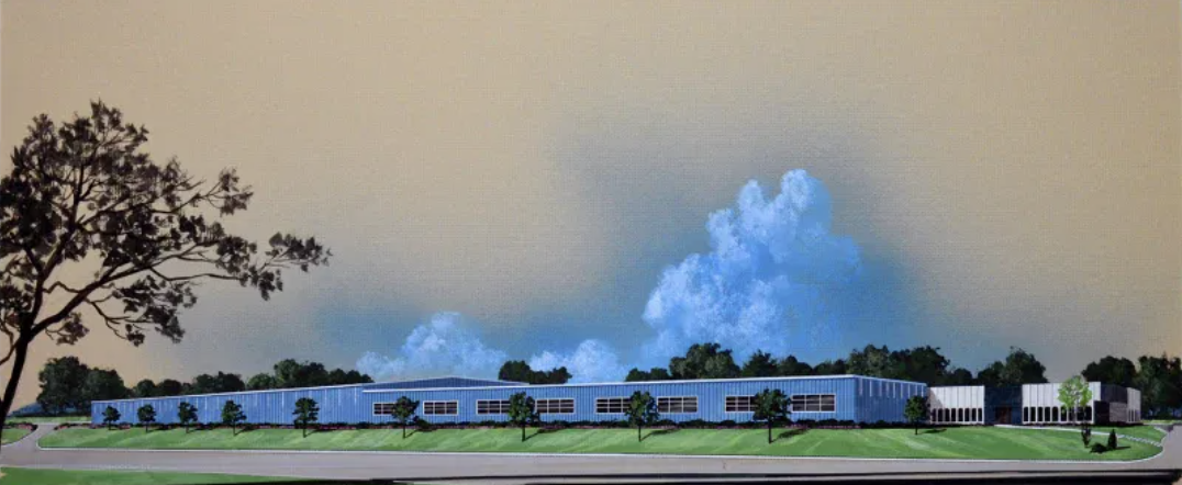 Illustrated rendering of the Thermo-Rite manufacturing building in Akron, Ohio, with trees and blue sky.