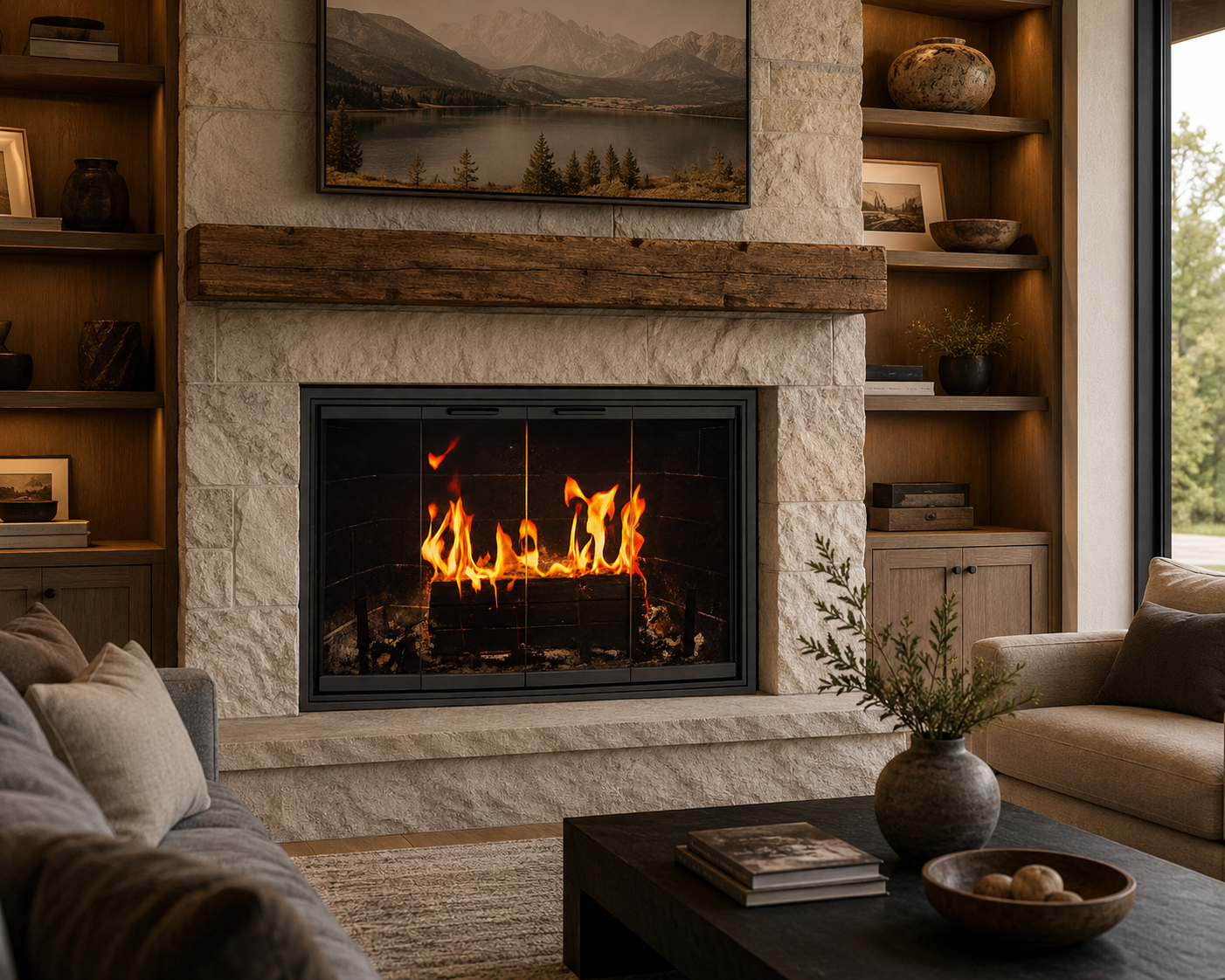 Cameo glass fireplace door