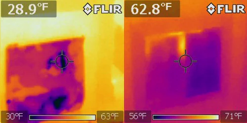 Side-by-side infrared thermal images comparing fireplace heat loss without a door versus with a glass fireplace door.