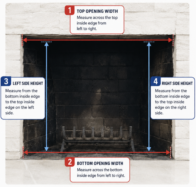 Diagram showing how to measure fireplace opening dimensions: top width, bottom width, left height, and right height.
