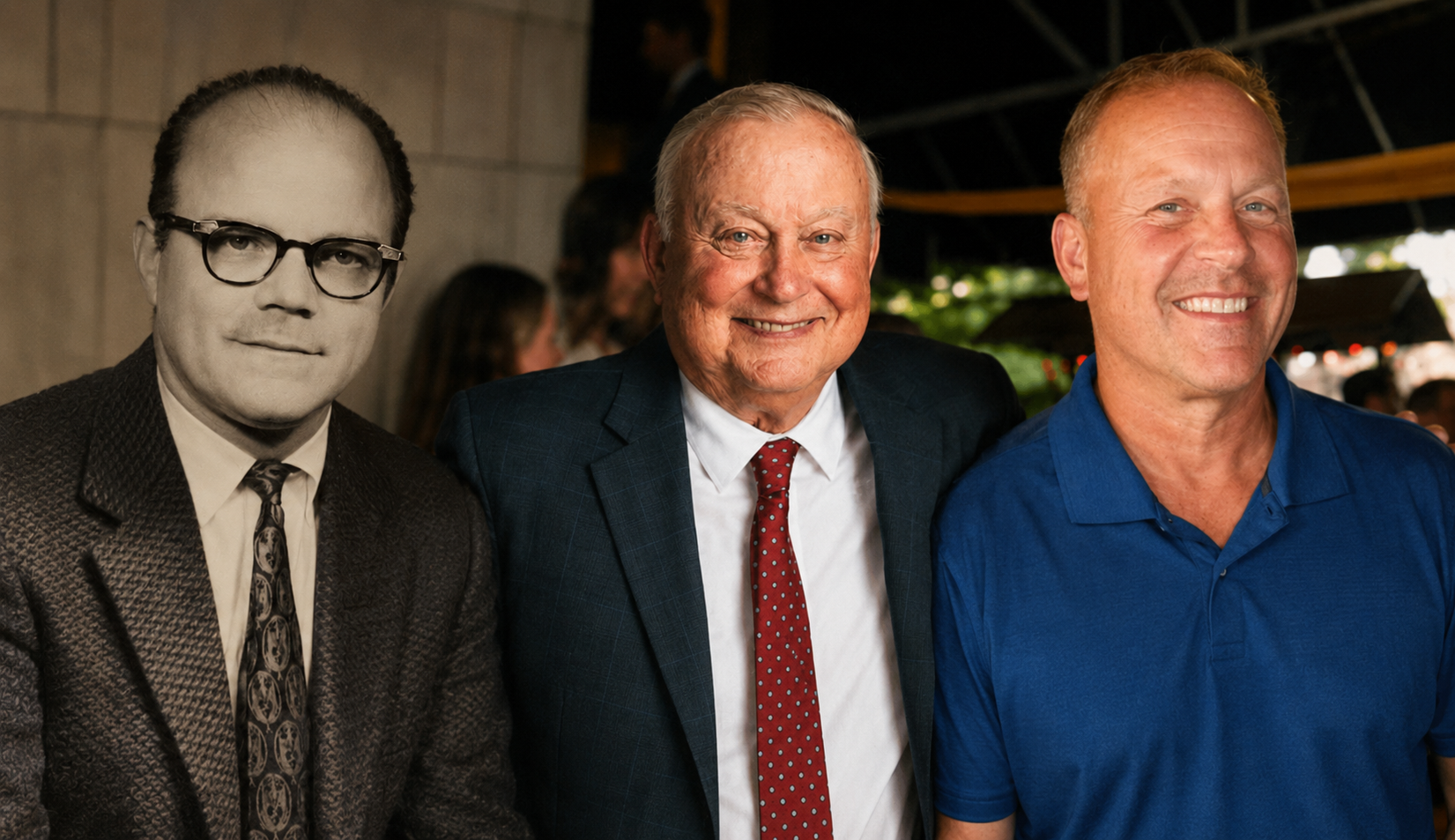 Three generations of the Thermo-Rite family: a vintage black-and-white portrait of founder John E. Lydle blended alongside two modern color portraits of the current generation.