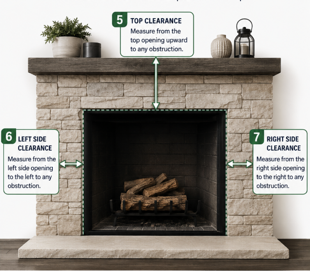 Diagram showing how to measure fireplace surround clearances: top clearance, left side clearance, and right side clearance.