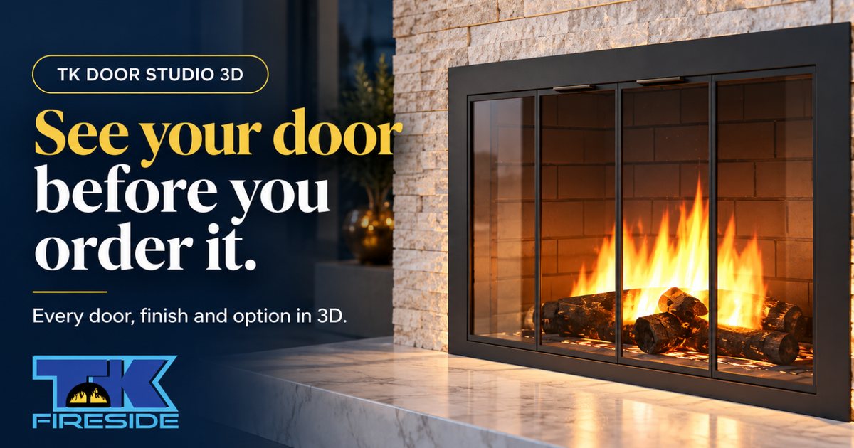 TK Door Studio 3D — a black glass fireplace door shown on a stone fireplace.